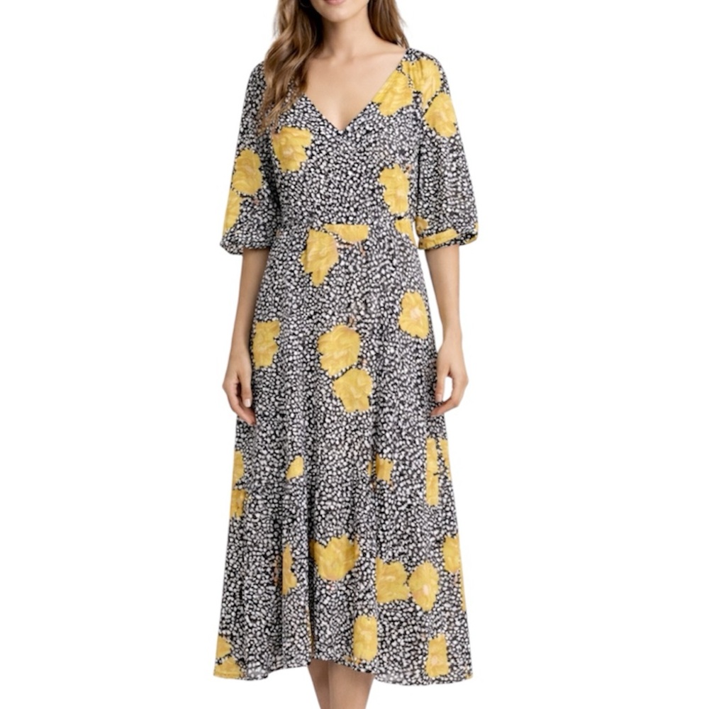 Modcloth Floral Midi Dress Size L Ruffle 1/2 Sleeve V-Neck Half Sleeve